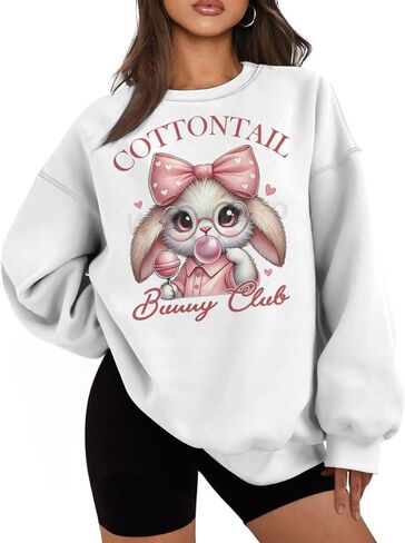 Cottontail Bunny Club Easter Sweatshirts for Women Oversized Graphic Tees Long Sleeve Crew Neck Tops Plus Size in Kuwait