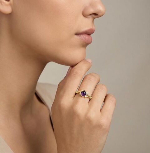 خاتم الجمشت، خواتم أحجار كريمة مربعة طبيعية أنيقة للنساء، مجوهرات خواتم كريستال أرجوانية مطلية بالذهب قابلة للتعديل in Kuwait