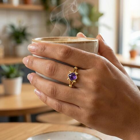 خاتم الجمشت، خواتم أحجار كريمة مربعة طبيعية أنيقة للنساء، مجوهرات خواتم كريستال أرجوانية مطلية بالذهب قابلة للتعديل in Kuwait