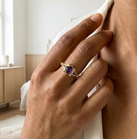 خاتم الجمشت، خواتم أحجار كريمة مربعة طبيعية أنيقة للنساء، مجوهرات خواتم كريستال أرجوانية مطلية بالذهب قابلة للتعديل in Kuwait