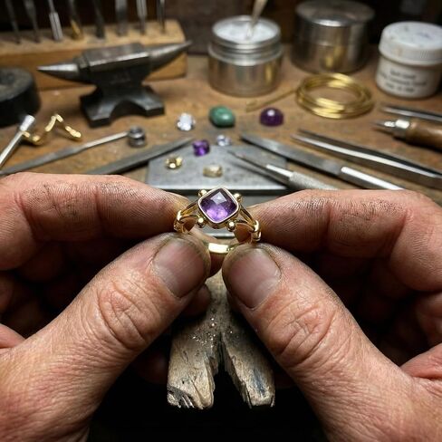 خاتم الجمشت، خواتم أحجار كريمة مربعة طبيعية أنيقة للنساء، مجوهرات خواتم كريستال أرجوانية مطلية بالذهب قابلة للتعديل in Kuwait