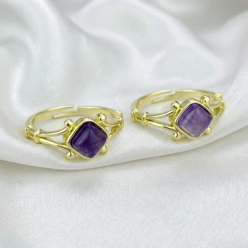 خاتم الجمشت، خواتم أحجار كريمة مربعة طبيعية أنيقة للنساء، مجوهرات خواتم كريستال أرجوانية مطلية بالذهب قابلة للتعديل in Kuwait