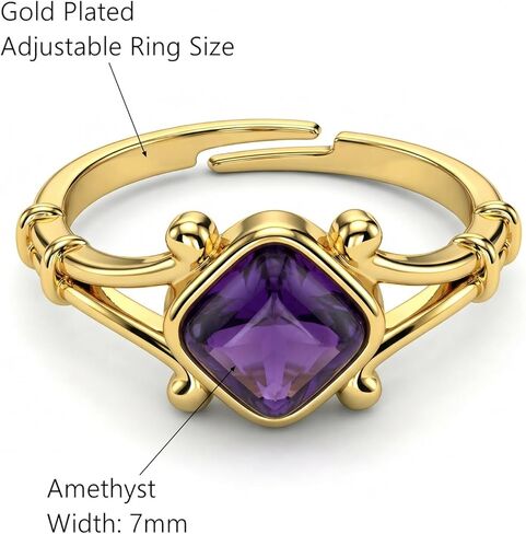 خاتم الجمشت، خواتم أحجار كريمة مربعة طبيعية أنيقة للنساء، مجوهرات خواتم كريستال أرجوانية مطلية بالذهب قابلة للتعديل in Kuwait