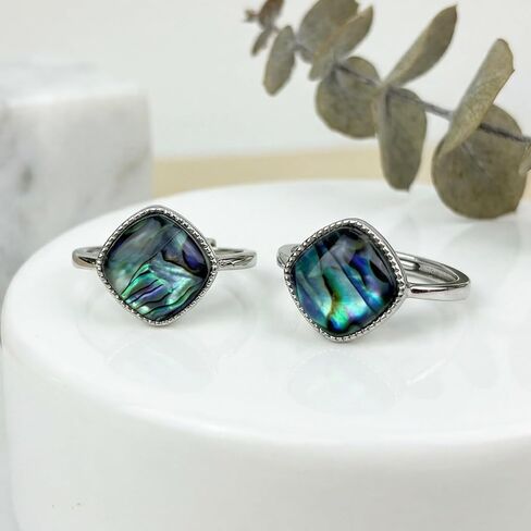 Abalone Shell Ring, Handmade Inlay Square Shell Ring Ocean Jewelry, Silver Adjustable Simple Statement Rings for Women in Kuwait