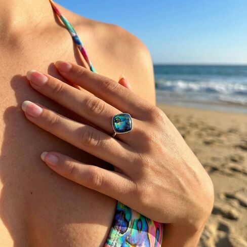 Abalone Shell Ring, Handmade Inlay Square Shell Ring Ocean Jewelry, Silver Adjustable Simple Statement Rings for Women in Kuwait