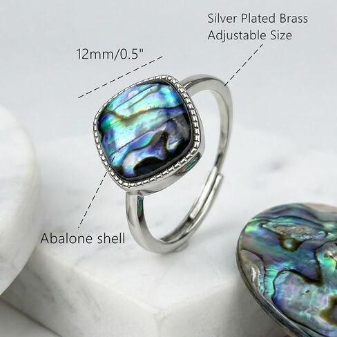 Abalone Shell Ring, Handmade Inlay Square Shell Ring Ocean Jewelry, Silver Adjustable Simple Statement Rings for Women in Kuwait