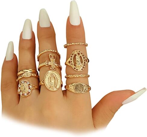 Gold Stackable Rhinestone Rings Set for Women,Vintage Chunky Corss Virgin Mary Statement Rings,Dainty Confirmation Bapstism Gifts Jewlery Gift in Kuwait