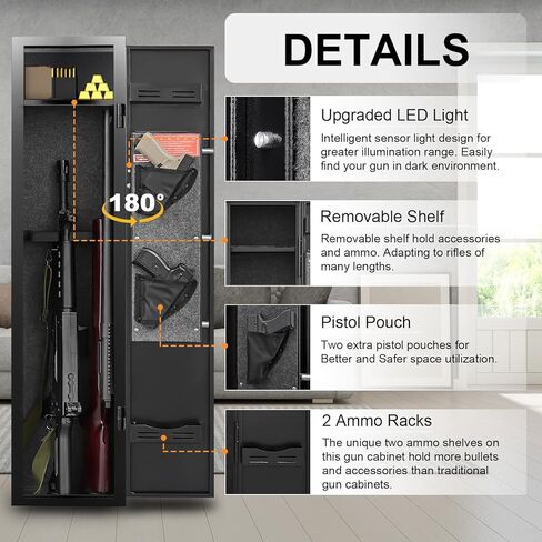 3 Gun Safe, Gun Safe for Rifles and Pistols with 180° Full Access Door and Removable Shelf, No Assembly Dual Alarm System Gun Cabinet with Mute Mode, Quick Access Long Shotgun Safe with LED in Saudi Arabia