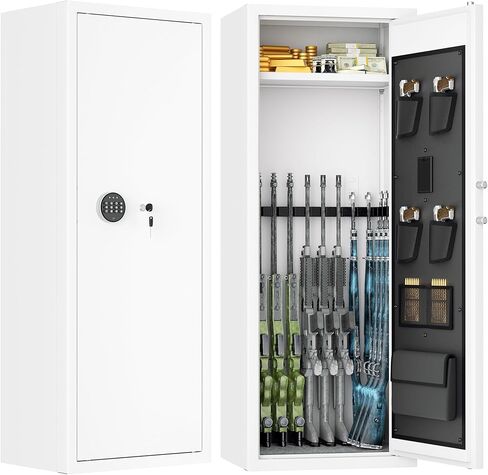 10-14 Gun Safe, Large Gun Safe for Home Rifle and Pistol, Biometric Fingerprint Fireproof Gun Cabinet, Locking Gun Safe with Shelves and Pockets, White in Kuwait