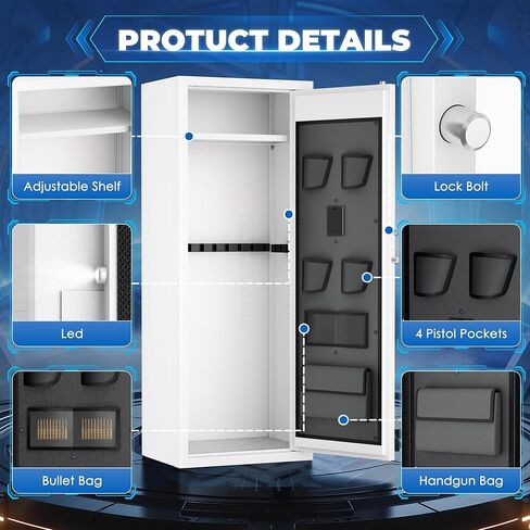 10-14 Gun Safe, Large Gun Safe for Home Rifle and Pistol, Biometric Fingerprint Fireproof Gun Cabinet, Locking Gun Safe with Shelves and Pockets, White in Kuwait