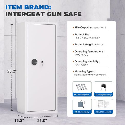 10-14 Gun Safe, Large Gun Safe for Home Rifle and Pistol, Biometric Fingerprint Fireproof Gun Cabinet, Locking Gun Safe with Shelves and Pockets, White in Kuwait