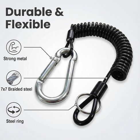 1Pcs Breakaway Trailer Cable, Brake Cable, RV Stainless Steel Coiled Wire, Heavy Duty Emergency Lanyard Extend to 8ft Coiled Safety Cables Strap for RV, Camper, Trailer (Black, 8 FT) in Kuwait