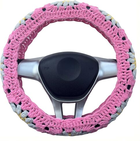 Crochet Steering Wheel Cover,Adorable Sun Flower Granny Square Steering Wheel Covers, 14-15 inch, Universal fit，Boho Car Accessories，for Men, Women and Girly,Pink (A Wheel Cover) in Saudi Arabia