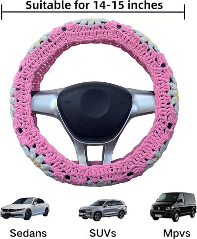 Crochet Steering Wheel Cover,Adorable Sun Flower Granny Square Steering Wheel Covers, 14-15 inch, Universal fit，Boho Car Accessories，for Men, Women and Girly,Pink (A Wheel Cover) in Saudi Arabia