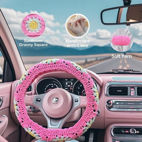 Crochet Steering Wheel Cover,Adorable Sun Flower Granny Square Steering Wheel Covers, 14-15 inch, Universal fit，Boho Car Accessories，for Men, Women and Girly,Pink (A Wheel Cover) in Saudi Arabia