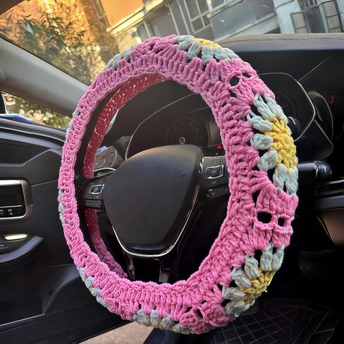 Crochet Steering Wheel Cover,Adorable Sun Flower Granny Square Steering Wheel Covers, 14-15 inch, Universal fit，Boho Car Accessories，for Men, Women and Girly,Pink (A Wheel Cover) in Saudi Arabia