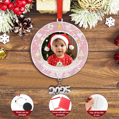 Baby‘s First Christmas Photo Ornament 2024, Personalized Baby Boy Girl First Christmas Ornament, Xmas Tree Hang Decoration, Keepsake Newborn Baby Picture Ornaments Pink in Saudi Arabia