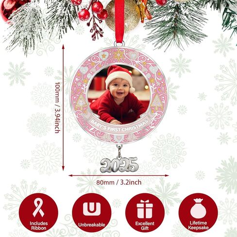 Baby‘s First Christmas Photo Ornament 2024, Personalized Baby Boy Girl First Christmas Ornament, Xmas Tree Hang Decoration, Keepsake Newborn Baby Picture Ornaments Pink in Saudi Arabia