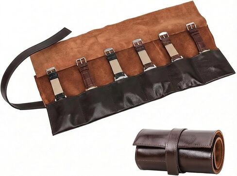 منظم لفافة ساعة السفر من الجلد الطبيعي، حقيبة تخزين محمولة لساعة السفر قابلة للطي مع 6 فتحات مصنوعة يدويًا، سهلة الحمل على هدية تخزين الساعات للرجال، القهوة in Kuwait