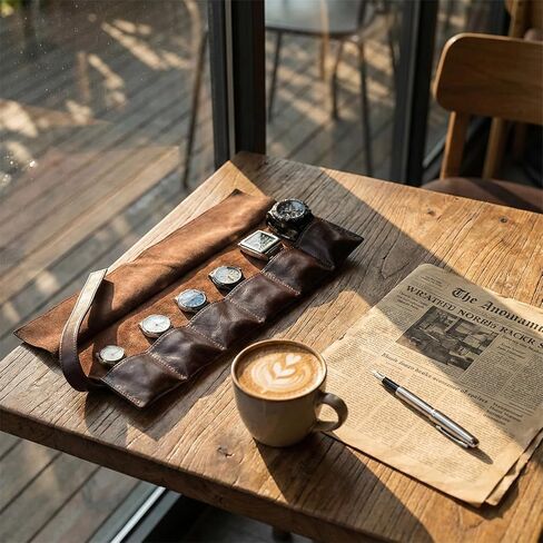 منظم لفافة ساعة السفر من الجلد الطبيعي، حقيبة تخزين محمولة لساعة السفر قابلة للطي مع 6 فتحات مصنوعة يدويًا، سهلة الحمل على هدية تخزين الساعات للرجال، القهوة in Kuwait