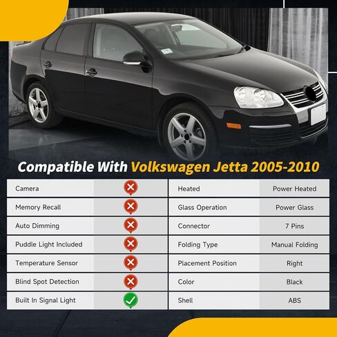 Black Side Mirror Compatible with Volkswagen Jetta 2005 2006 2007 2008 2009 2010, W/Turn Signal Light/Heated/Manual Folding/Power Glass Door Mirror Replace#VW1321122 861033(7pins,Right Passenger) in Kuwait