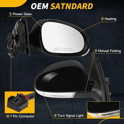 Black Side Mirror Compatible with Volkswagen Jetta 2005 2006 2007 2008 2009 2010, W/Turn Signal Light/Heated/Manual Folding/Power Glass Door Mirror Replace#VW1321122 861033(7pins,Right Passenger) in Kuwait