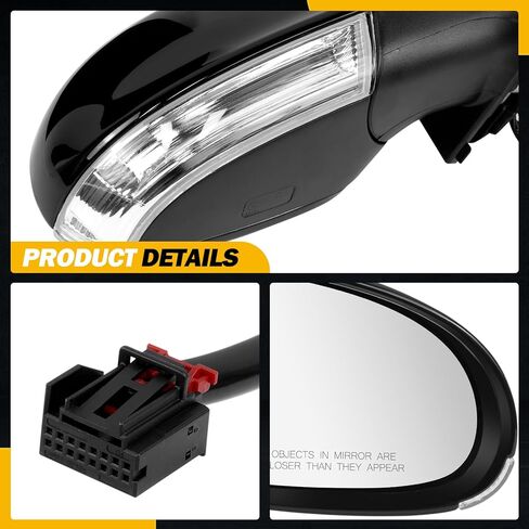 Black Side Mirror Compatible with Volkswagen Jetta 2005 2006 2007 2008 2009 2010, W/Turn Signal Light/Heated/Manual Folding/Power Glass Door Mirror Replace#VW1321122 861033(7pins,Right Passenger) in Kuwait