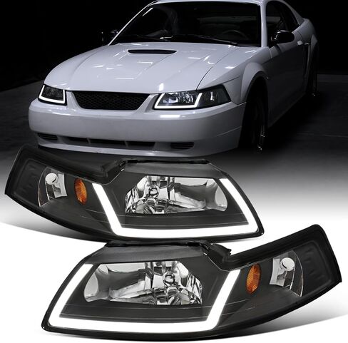 Ronnin - يناسب 1999-2004 Ford Mustang مجموعة استبدال المصابيح الأمامية LED المُحدثة للجري | أسود in Kuwait