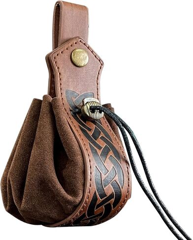 Medieval Faux Leather Pouch,Viking Drawstring Pouch,Vintage Renaissance Coin Purse,Dice Bag for LARP Halloween Ren Faire (Brown) in Saudi Arabia