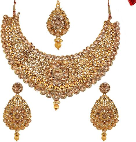 مجموعة مجوهرات الزفاف الهندية من Efulgenz لحفلات الزفاف والمجوهرات الذهبية الهندية التقليدية بوليوود كريستال كوندان قلادة وأقراط Maang Tikka مجموعات المجوهرات الهندية للنساء الذهب in Kuwait
