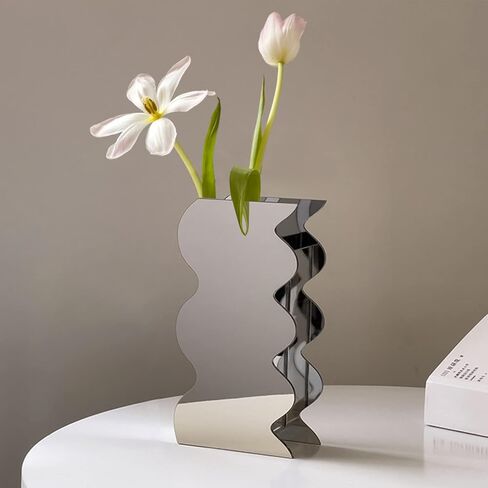 Modern Wavy Acrylic Flower Vase, Mirror Effect Design, Silver, Decorative Home Office Centerpiece, 7.9x4.1x2 Inch in Saudi Arabia