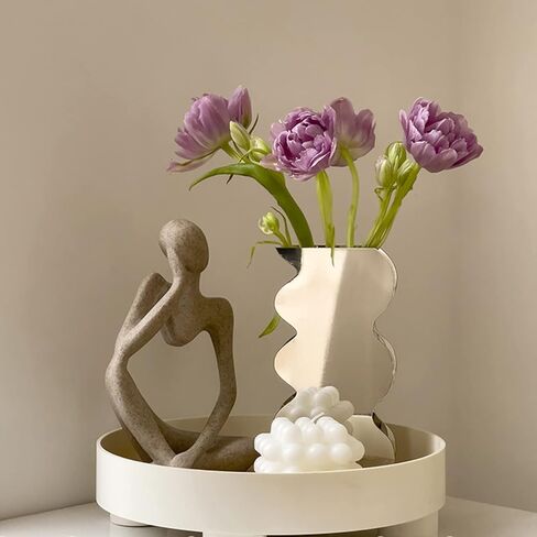 Modern Wavy Acrylic Flower Vase, Mirror Effect Design, Silver, Decorative Home Office Centerpiece, 7.9x4.1x2 Inch in Saudi Arabia