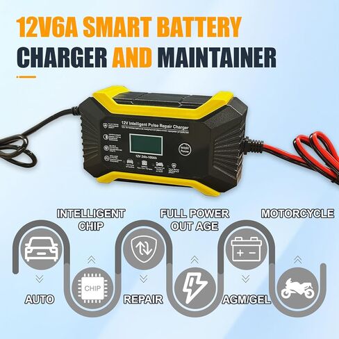 Car Battery Charger, 12V 6A Automatic Smart Battery Trickle Charger with LCD Display, Battery Maintainer Desulfator with Temperature Compensation, Universal for Car, Truck, SUV RV, Boat in Kuwait