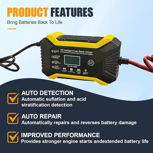 Car Battery Charger, 12V 6A Automatic Smart Battery Trickle Charger with LCD Display, Battery Maintainer Desulfator with Temperature Compensation, Universal for Car, Truck, SUV RV, Boat in Kuwait