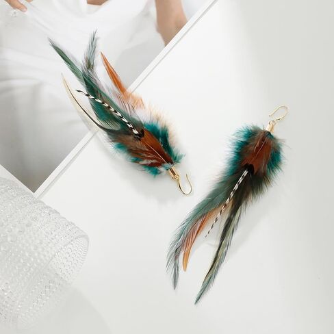 Lureme Boho متعدد الألوان ريش الطاووس الدراج تتدلى الأقراط الكبيرة (er006406-2) in Saudi Arabia