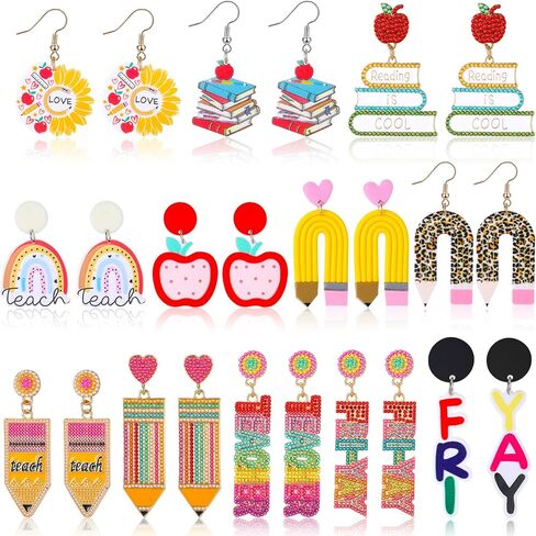 Batiyeer 12 Pairs Christmas Teacher Earrings for Women Pencil Earrings Christmas Gifts Teacher Appreciation Gifts Artist Painter Creative Rainbow Love Heart Acrylic Dangle Set(Rainbow) in Saudi Arabia