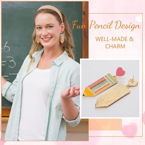 Batiyeer 12 Pairs Christmas Teacher Earrings for Women Pencil Earrings Christmas Gifts Teacher Appreciation Gifts Artist Painter Creative Rainbow Love Heart Acrylic Dangle Set(Rainbow) in Saudi Arabia