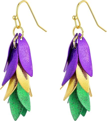 أقراط AnotherKiss Mardi Gras للنساء - أقراط متدلية من أوراق الشجر الخضراء والذهبية الأرجوانية الممتعة، مجوهرات الكرنفال، إكسسوارات حفلات العطلات، هدايا السنة الجديدة لها in Kuwait