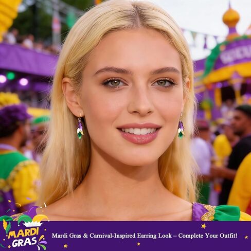 أقراط AnotherKiss Mardi Gras للنساء - أقراط متدلية من أوراق الشجر الخضراء والذهبية الأرجوانية الممتعة، مجوهرات الكرنفال، إكسسوارات حفلات العطلات، هدايا السنة الجديدة لها in Kuwait