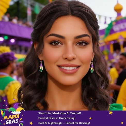 أقراط AnotherKiss Mardi Gras للنساء - أقراط متدلية من أوراق الشجر الخضراء والذهبية الأرجوانية الممتعة، مجوهرات الكرنفال، إكسسوارات حفلات العطلات، هدايا السنة الجديدة لها in Kuwait