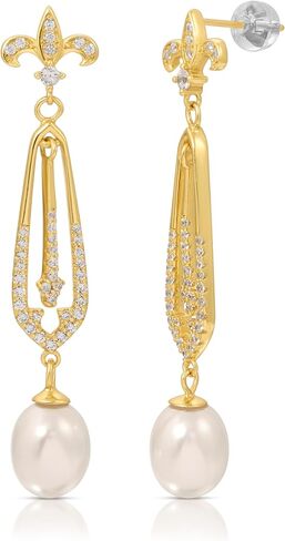 أقراط متدلية من لؤلؤ المياه العذبة من فيرميل الذهب عيار 18 قيراط للنساء، مجوهرات راقية للنساء - أقراط مضادة للحساسية مع لؤلؤ مثقف أصلي in Kuwait