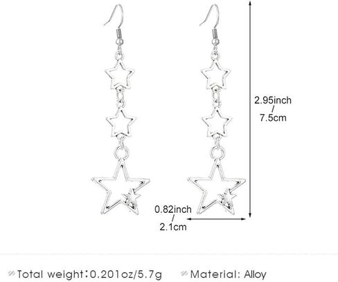 Boho Silver Star Drop Dangly Earrings for Women, Statement Retro Star Long Tassel Dangle Hook Earrings Cute Costume Accessories Aesthetic Jewelry Gift in Kuwait