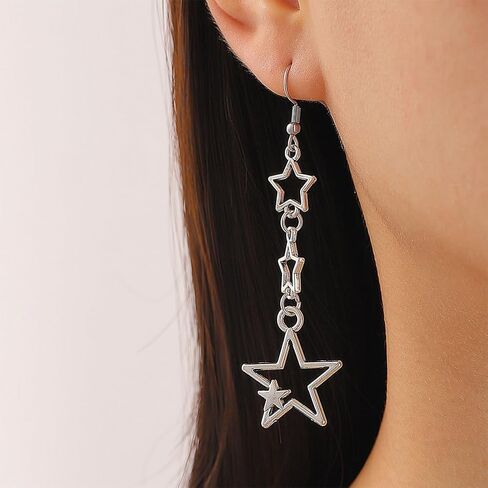 Boho Silver Star Drop Dangly Earrings for Women, Statement Retro Star Long Tassel Dangle Hook Earrings Cute Costume Accessories Aesthetic Jewelry Gift in Kuwait