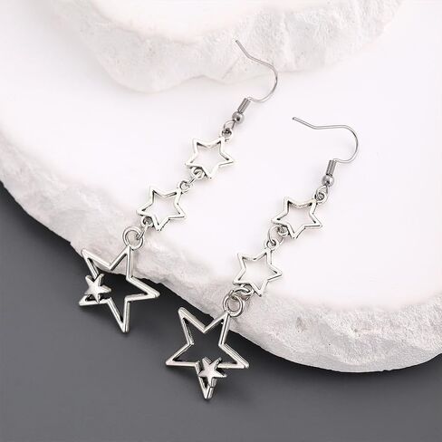 Boho Silver Star Drop Dangly Earrings for Women, Statement Retro Star Long Tassel Dangle Hook Earrings Cute Costume Accessories Aesthetic Jewelry Gift in Kuwait