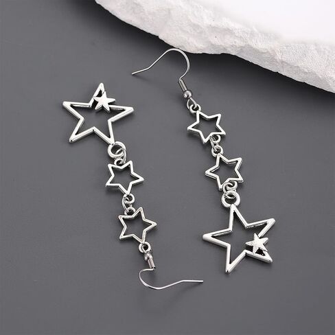Boho Silver Star Drop Dangly Earrings for Women, Statement Retro Star Long Tassel Dangle Hook Earrings Cute Costume Accessories Aesthetic Jewelry Gift in Kuwait