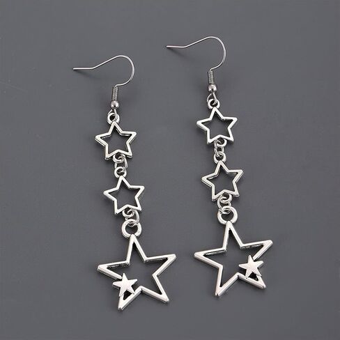 Boho Silver Star Drop Dangly Earrings for Women, Statement Retro Star Long Tassel Dangle Hook Earrings Cute Costume Accessories Aesthetic Jewelry Gift in Kuwait