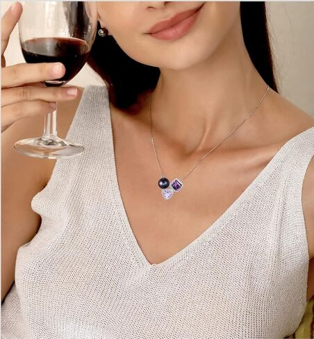 قلادة CHULRI من اللؤلؤ الأسود التاهيتي والجمشت عالي الجودة - ذهب عيار 18 قيراط فوق الجنيه الاسترليني - قابل للتعديل 19 بوصة - حجر بخت شهر فبراير/يونيو، تأثير متدرج (أرجواني رومانسي) in Kuwait