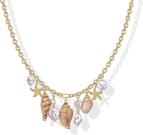 PAVOI 14K Gold Plated Coastal Chunky Charm Necklace for Women - Waterproof Stainless Steel Beach Multi Charm Necklace - Gold Statement Beachy Summer Jewelry with Sea Shell, Starfish, Pearl in Saudi Arabia
