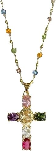 Rainbow Cross Pendant Necklace - Colorful Shiny Rhinestones, Dainty Christian Jewelry for Women in Saudi Arabia
