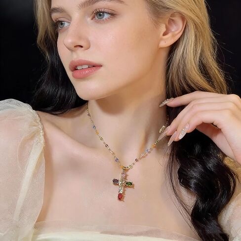 Rainbow Cross Pendant Necklace - Colorful Shiny Rhinestones, Dainty Christian Jewelry for Women in Saudi Arabia
